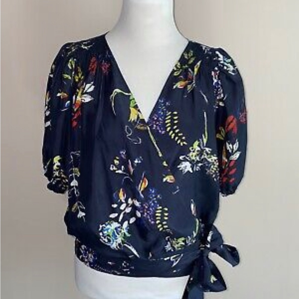 Tanya Taylor Leiria Silk Wrap Floral Navy Top sz 2